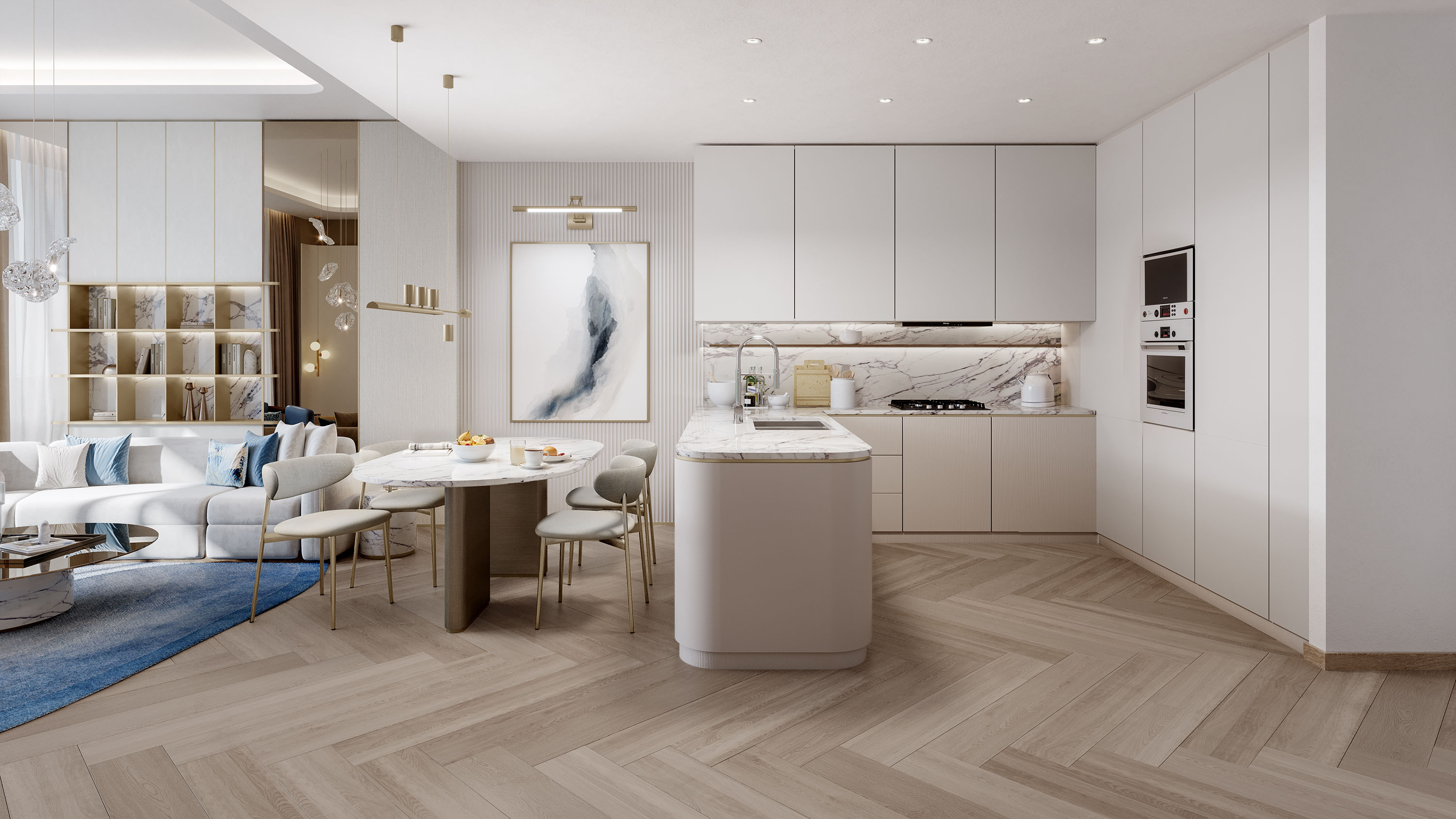 Beach Walk Grand 2 By Imtiaz Modern kitchen and dining area featuring sleek cabinetry, marble countertops, and stylish furniture in a light color scheme.
